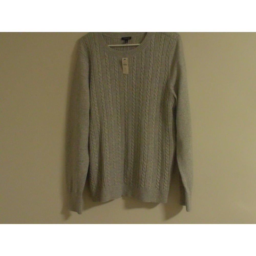 Talbots Womens XL Silver Metallic Cable Knit Sweater Button Shoulder Gray NWT